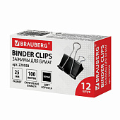 Зажимы для бумаг BRAUBERG, комплект 12 шт., 25 мм, на 100 л., черные, в картонной коробке, 220558